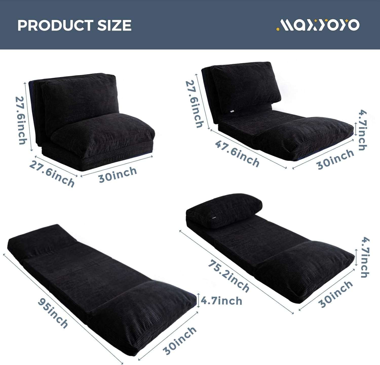 MAXYOYO Folding Sofa Bed, Extra Thick and Long Floor Sofa Convertible Sleeper Chair with Washable Cover, Floor Couch Lounge Bean Bag Bed for Living Room, Black, 30x95