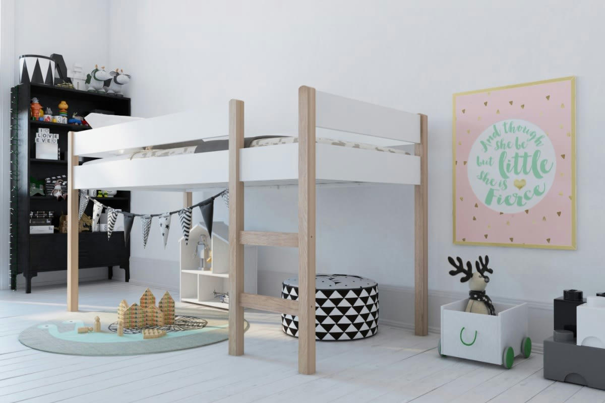 ANNA - Lit mezzanine enfant  mi-hauteur blanc effet bois 90x200