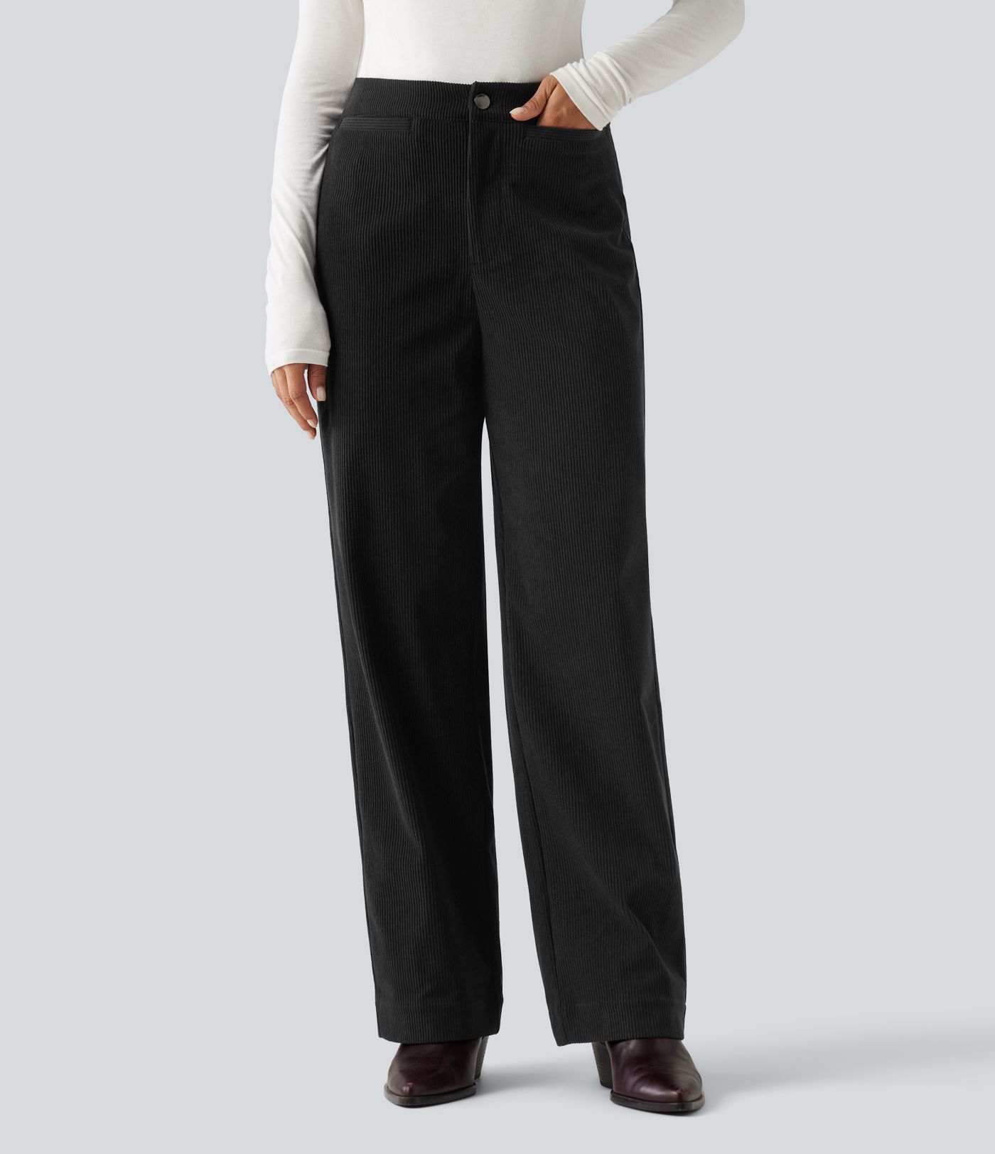 Pantalon en velours côtelé taille haute coupe droite avec poches