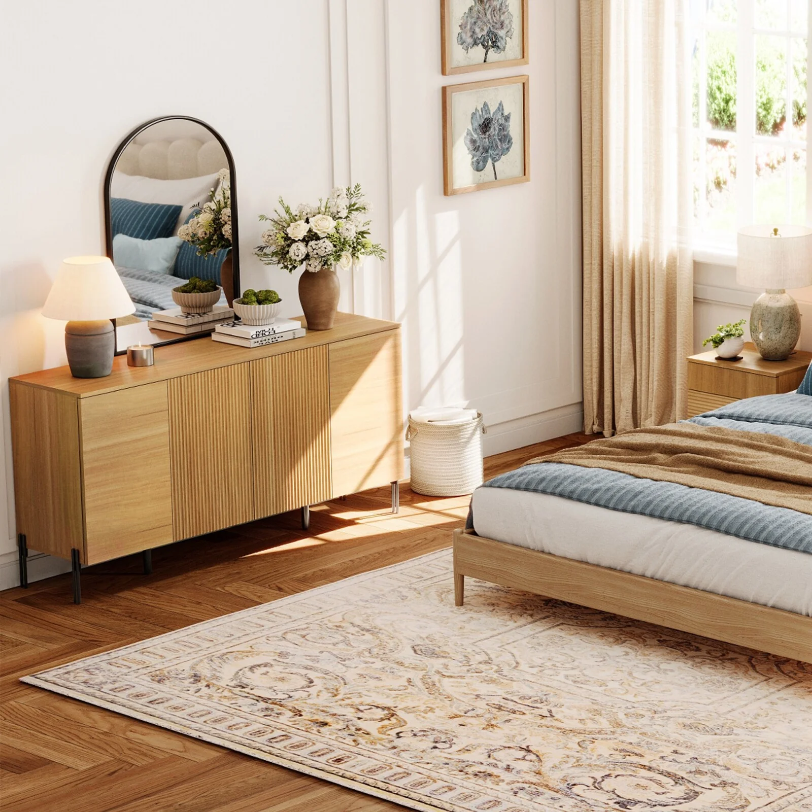 WAMPAT Modern Minimalist Nightstand And Bedside Cabinet Set, Reeded Bedroom Set, Oak Wooden Chest With Hidden Handles