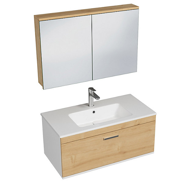 Meuble salle de bain simple vasque RUBITE 1 tiroir Chêne clair L. 90 cm   miroir armoire - Saniverre