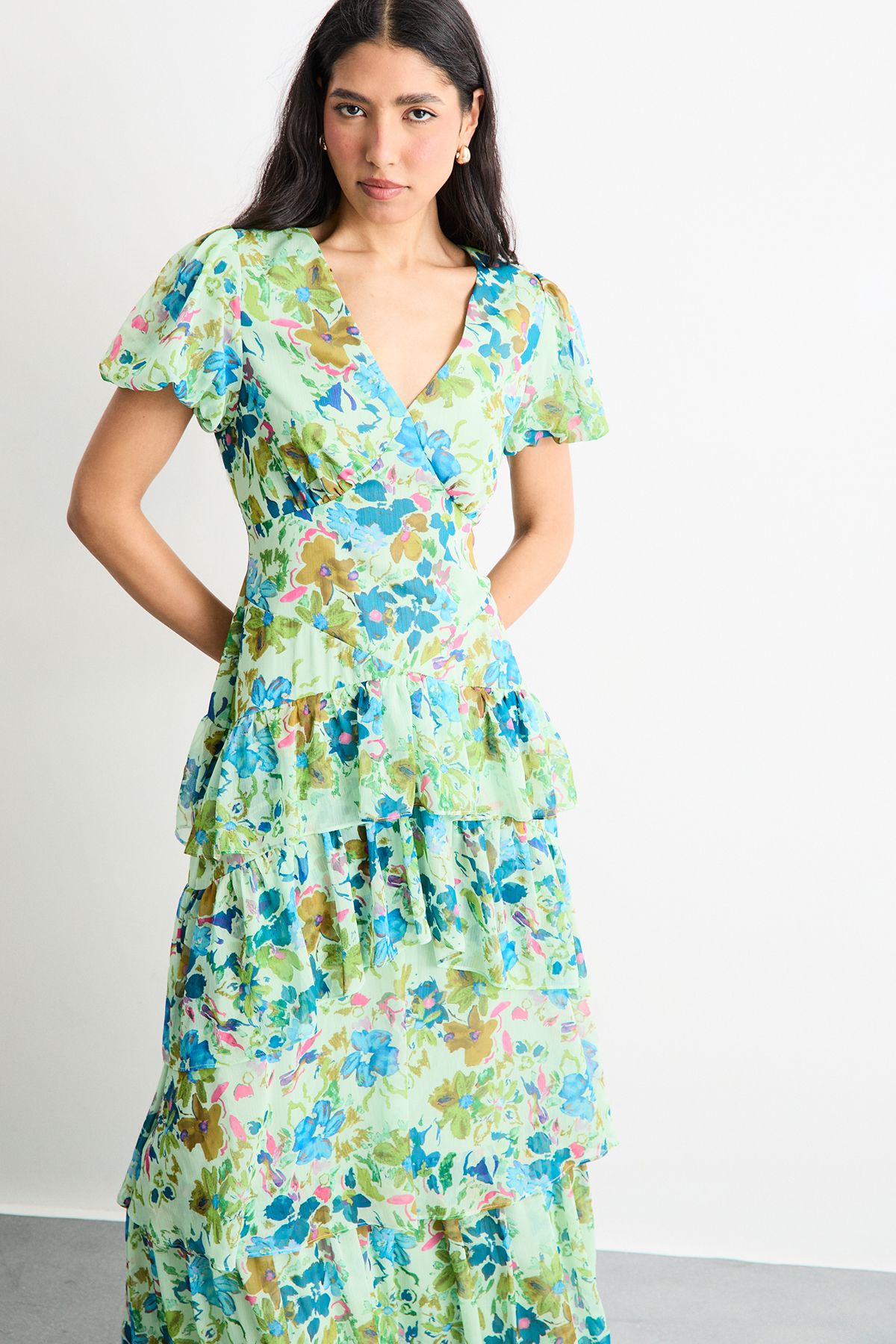 Warehouse Floral Dropped Waist Puff Sleeve Tiered Midi Dress