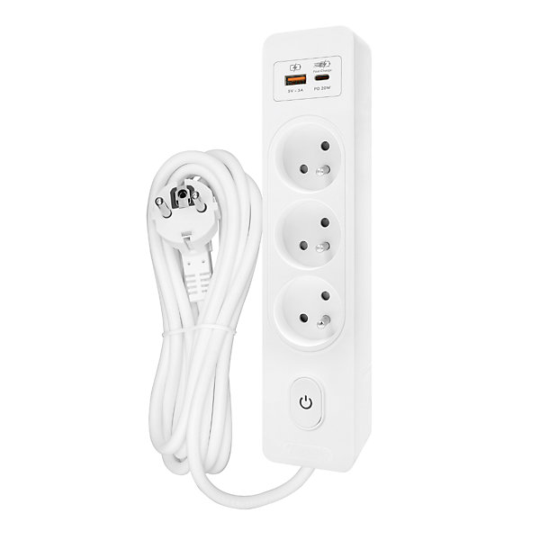 Multiprise SELDUR G3FH52B, 3 prises type E   interrupteur, USB A C charge rapide 20W, Blanc, câble 5m