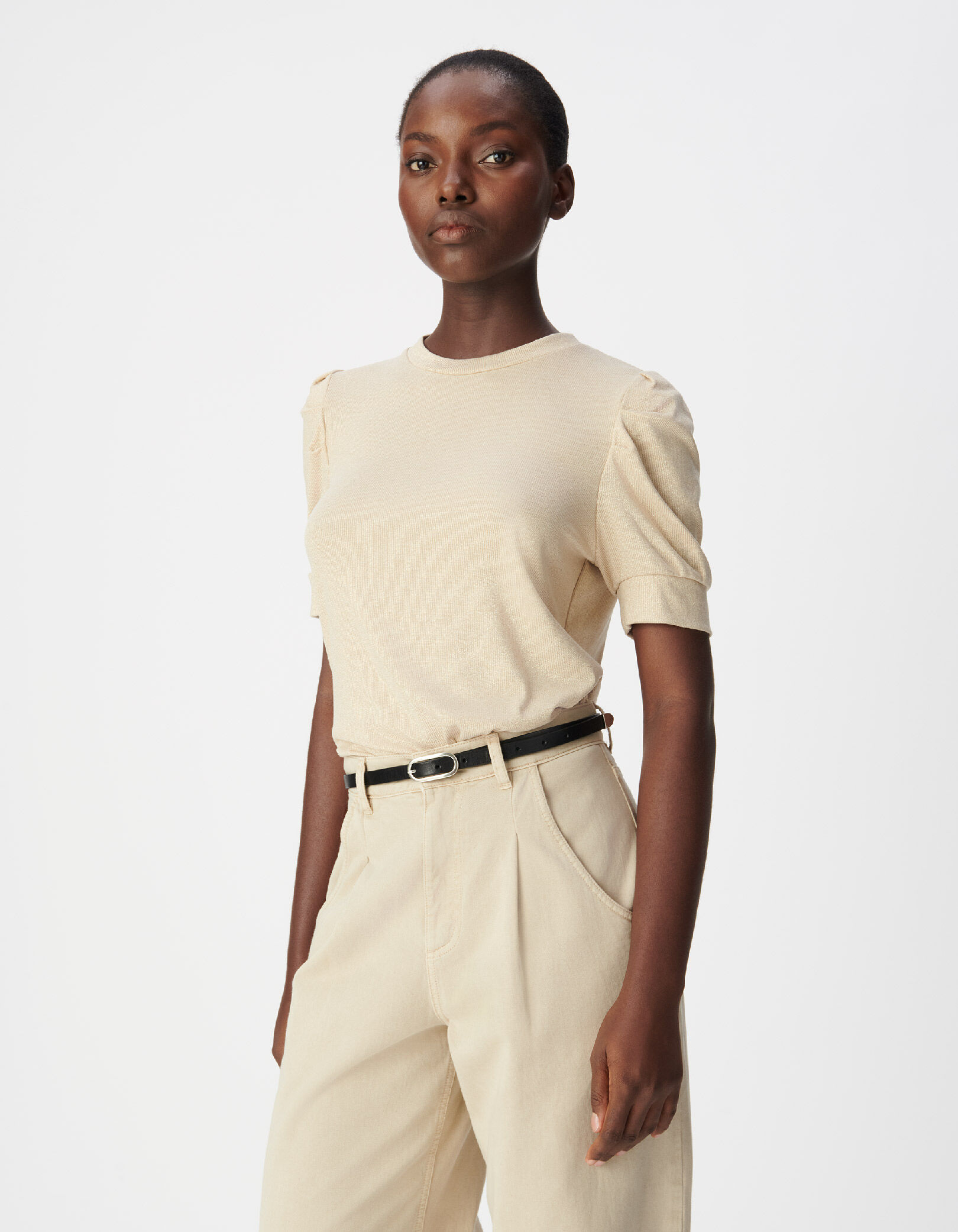 Tee-shirt col rond doré pailleté manches froncées Femme