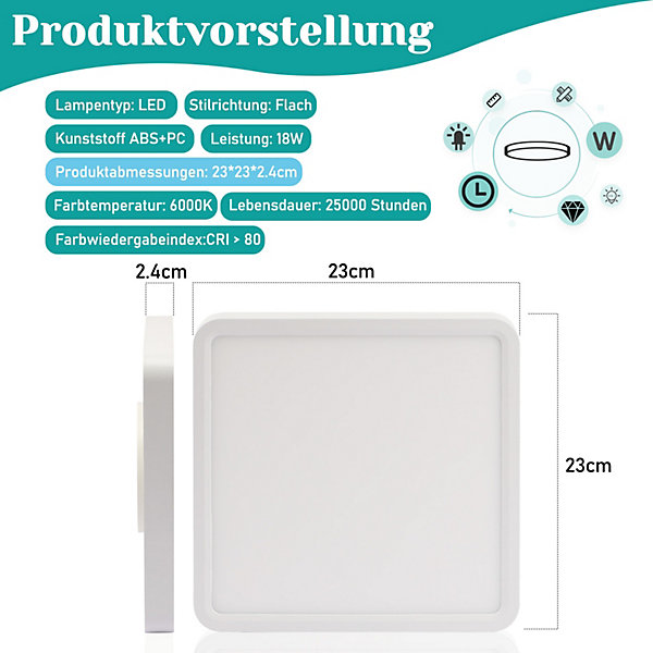 NETTLIFE Plafonnier LED plat 23CM 6500K 18W carré chambre blanc LED intégré en permanence