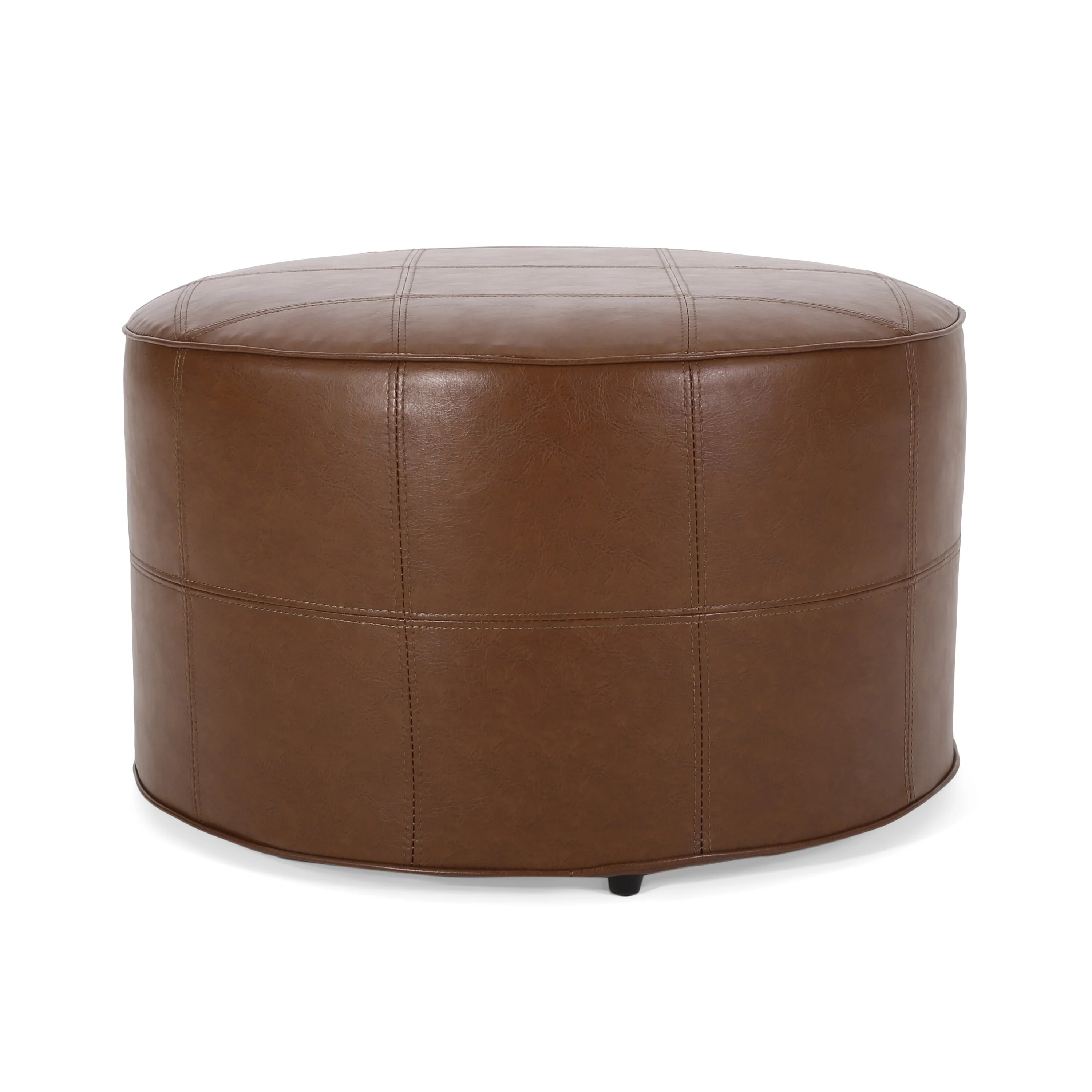 Hima 28 Inch Ottoman, Round Footrest Pouf, Rich Brown Faux Leather
