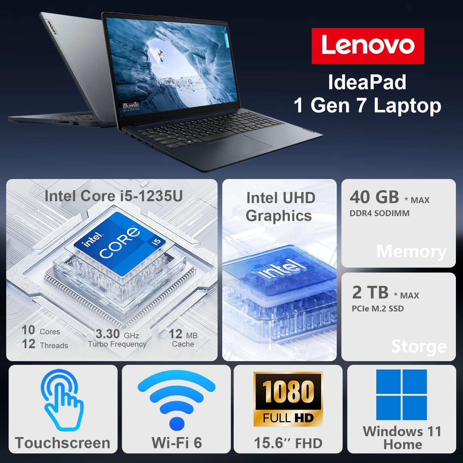 Lenovo IdeaPad 1i Laptop  15.6 FHD Touchscreen  Intel Core i5-1235U Processor  16GB RAM  512GB SSD  Webcam  HDMI  Wi-Fi 6  Windows 11 Home  Blue