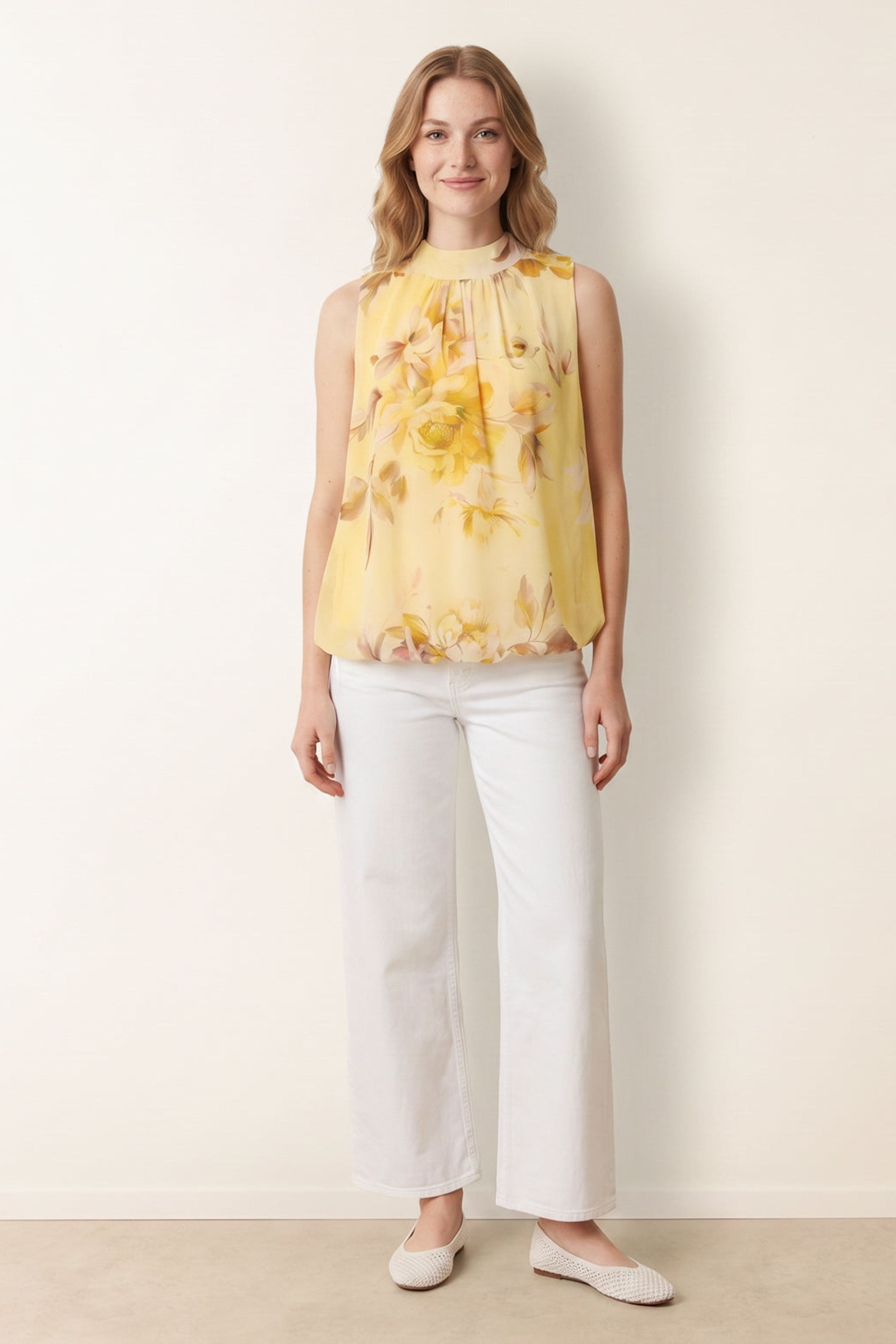 Blue Vanilla Lemon Sleeveless High Neck Puffball Blouse