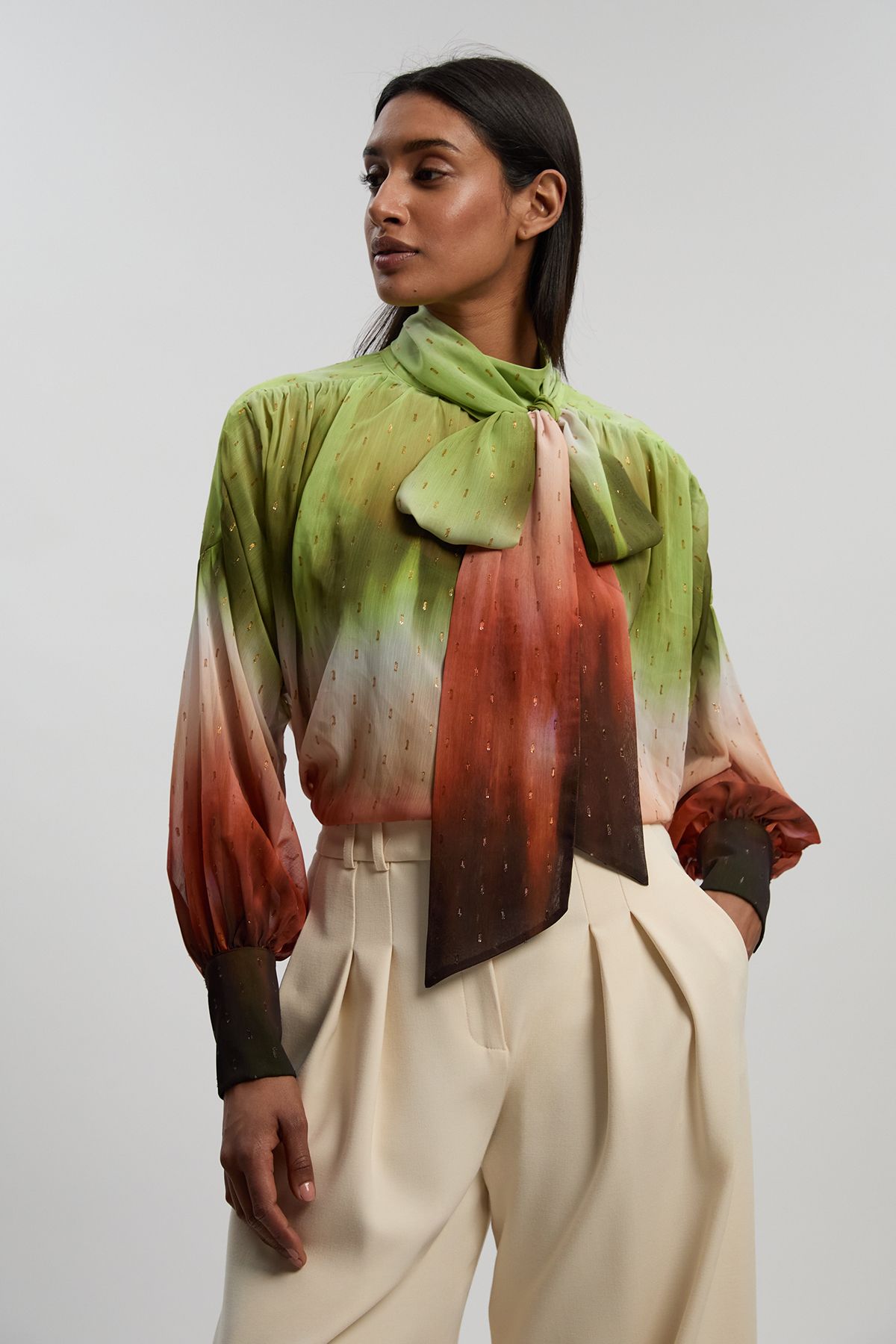 KarenMillen Metallic Thread Ombre Print Woven Balloon Sleeve Blouse