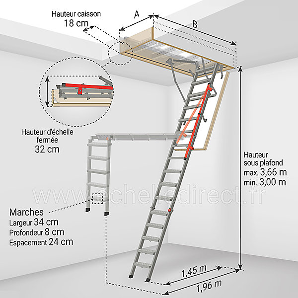 Echelle Escamotable Métal - Trappe 70x144cm - Hauteur 3.00 à 3.66m - LMP70144-3