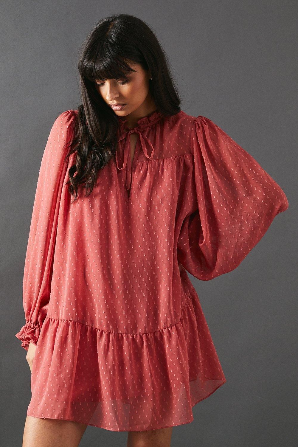 Warehouse Dobby Chiffon Tie Neck Drop Hem Mini Smock Dress