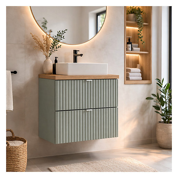 Ensemble ELVINA 50cm : meuble sous vasque à tiroirs vert sauge gris et plan pour vasque aspect bois foncé