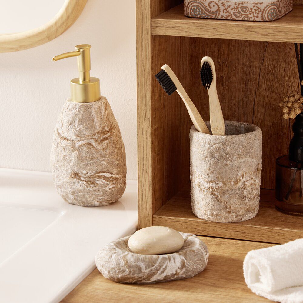 Gobelet salle de bain effet pierre plastique gris Ø7,5xH9,5cm