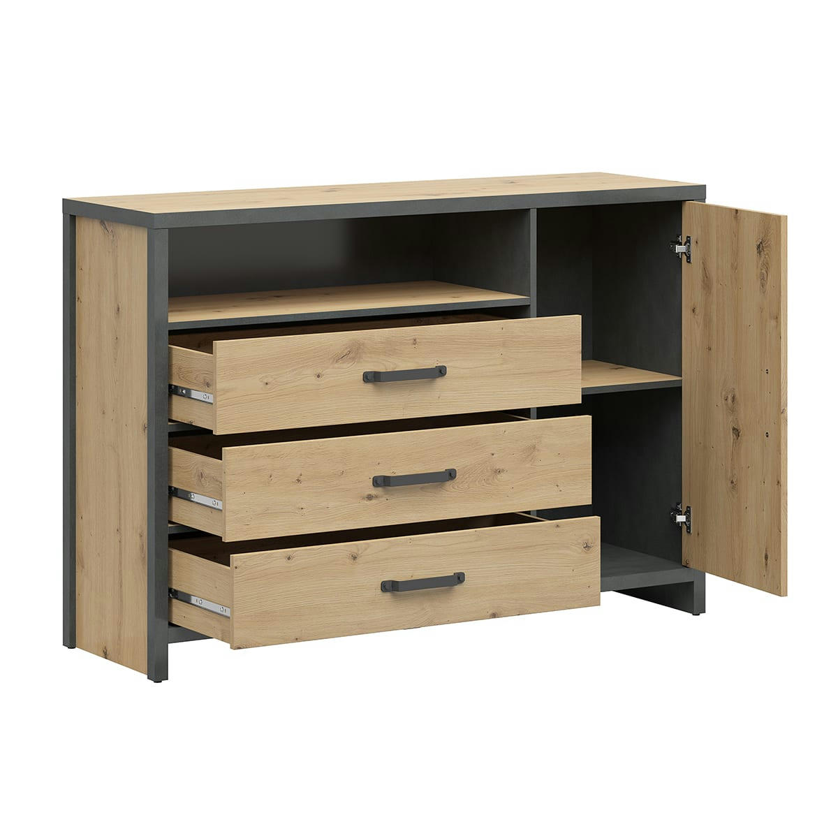 - Buffet 1 porte 3 tiroirs stratifiés naturel et gris