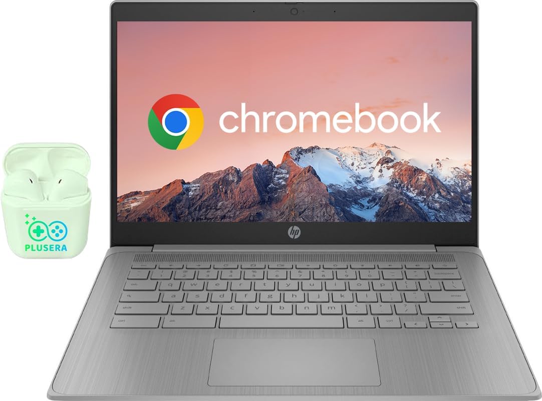 HP Chromebook 14 Business & Student Laptop Computer 4GB RAM 64GB eMMC  4-Cores Intel Celeron  HD Webcam  Long Battery Life  Chrome OS  PLUSERA Earphones
