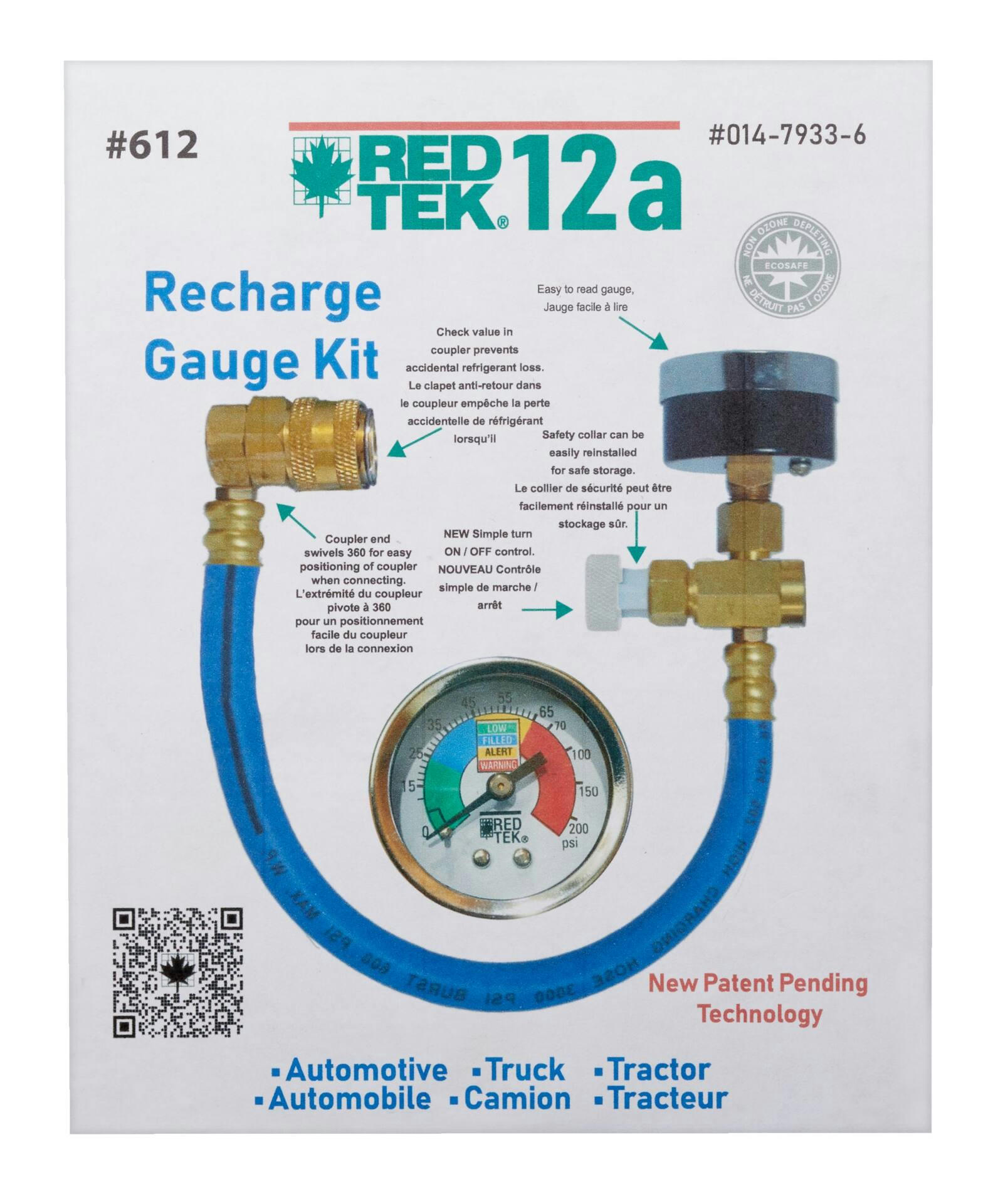 RED TEK 612 R134a Recharge Gauge Kit with Installation Hose & Low Side Coupler