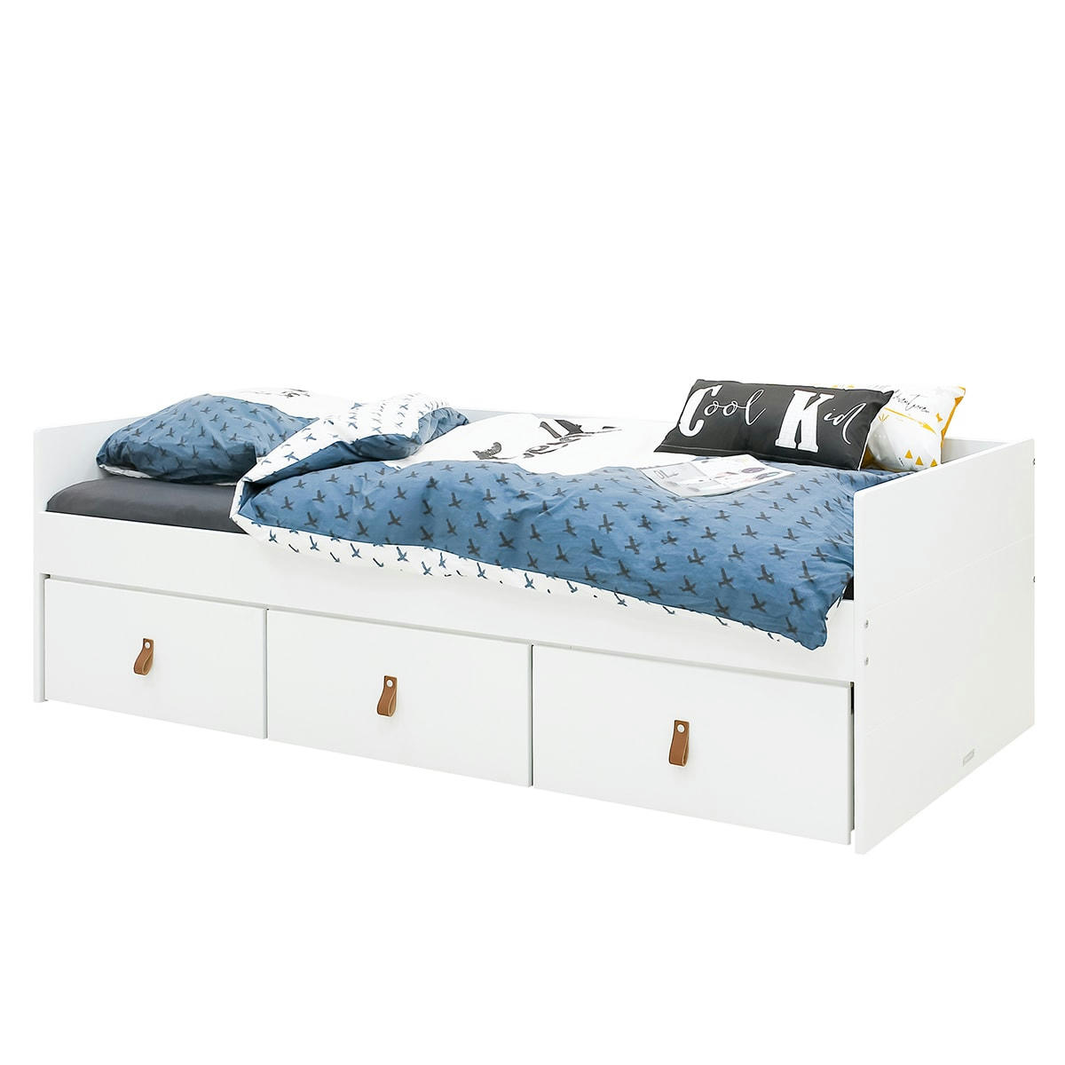 INDY - Lit banquette 90x200 3 tiroirs de lit blanc