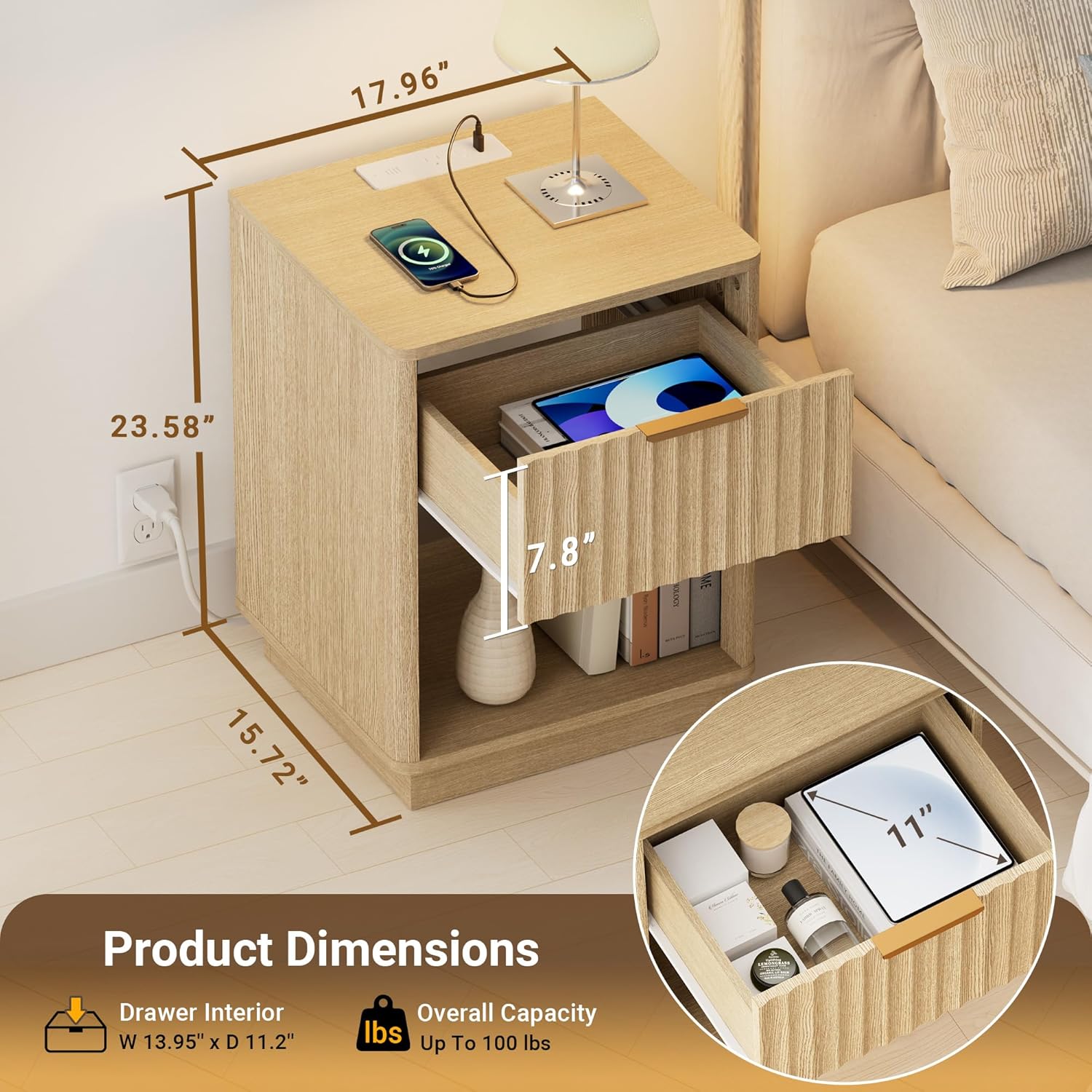 Fluted Nightstand, Night Stand Set 2, Nightstands Set of 2 with Charging Station, Wooden End Table with Drawer & Open Shelf, Modern Bedside Table for Bedroom, Curved Corners, Natural Oak