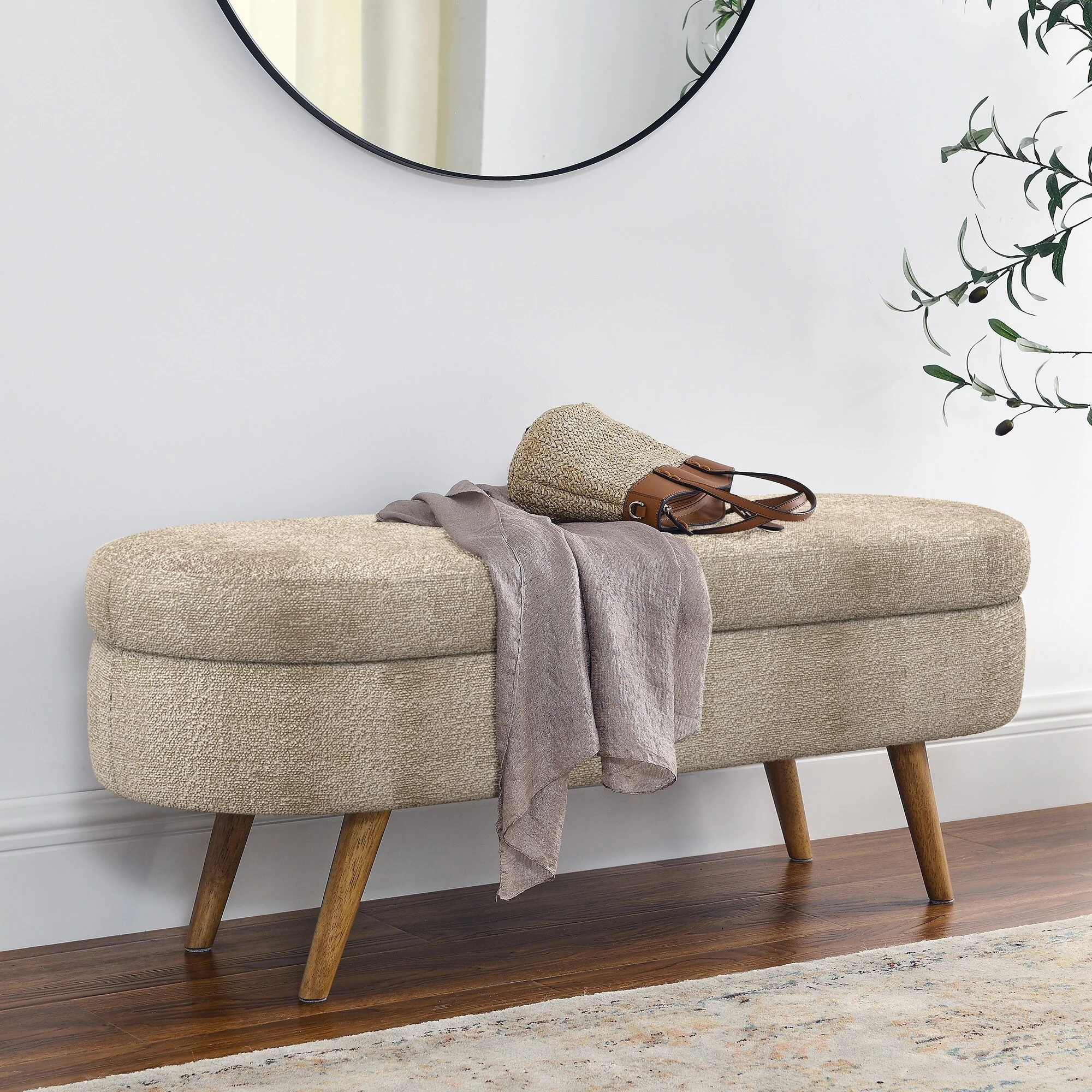 Oval Storage Bench Fabric Upholstered Entryway Bench with Rubber Wood Legs for Bedroom, Entryway, Living Room(43.5x16x16)