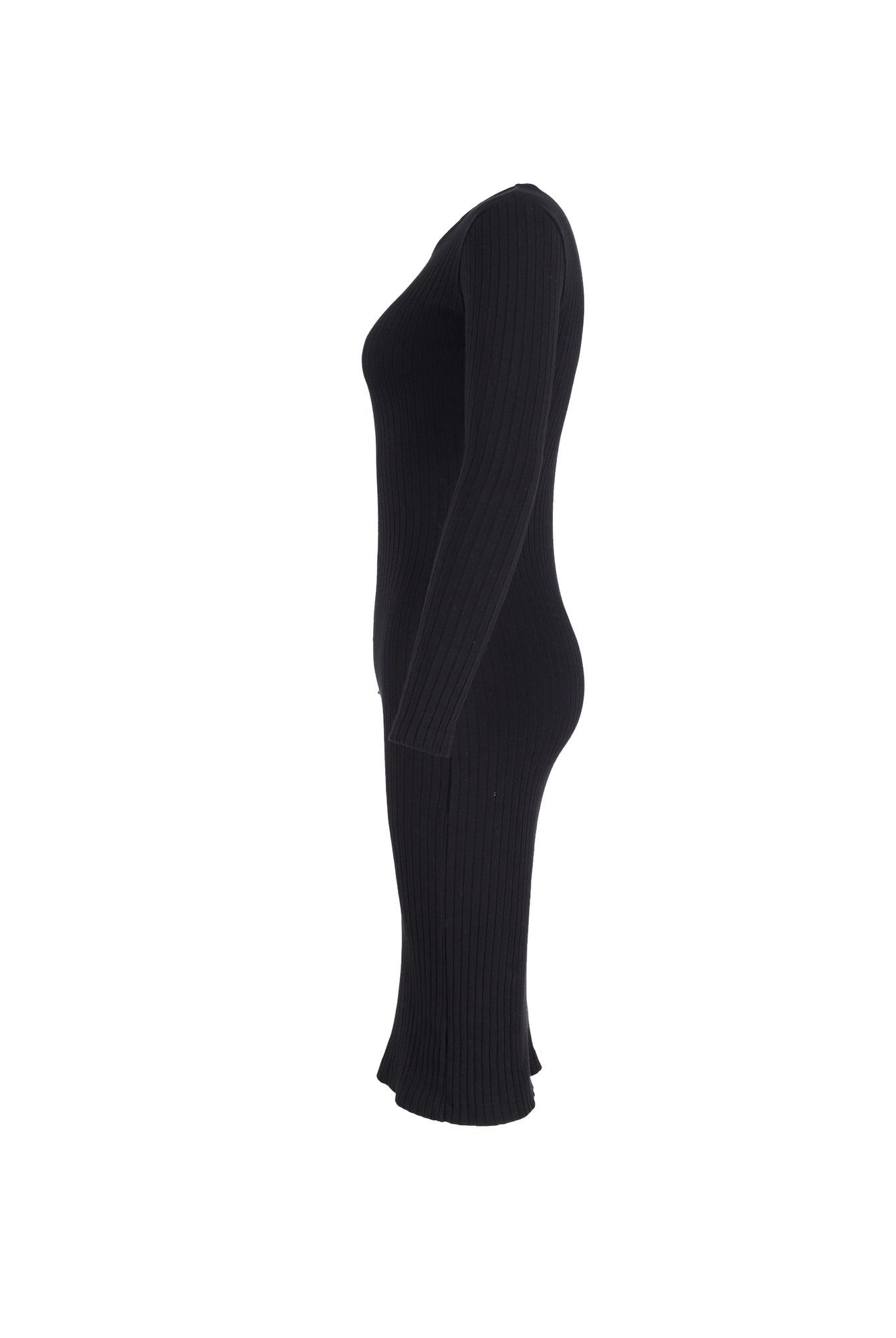 Re Done Preloved Ribbed Knit Fitted Long Sleeved Midi Dress in Black Cotton
