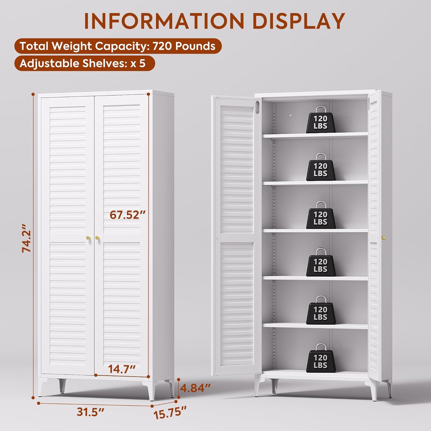 Metal Kitchen Pantry Cabinet with 2 Doors,Metal Pantry Cabinet with 5 Adjustable Shelves for Kitchen,Home,74.2 H × 31.5 W × 15.75 D,Required Assembly, White