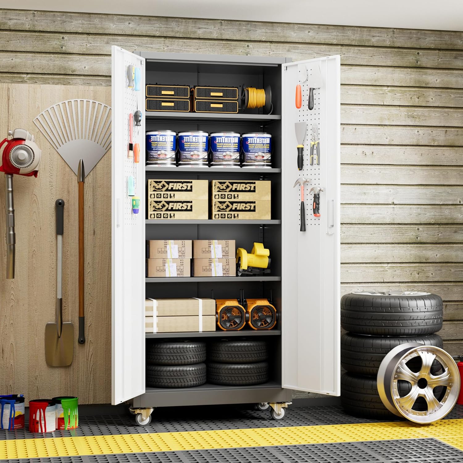 Aobabo Upgrade 71H''*32''W*16''D Metal Garage Storage Cabinet with Wheels and Pegboards, 5 Adjustable Shelves Steel Storage Cabinets for Home,Warehouse,Garage,Assembly Required,Grey and White