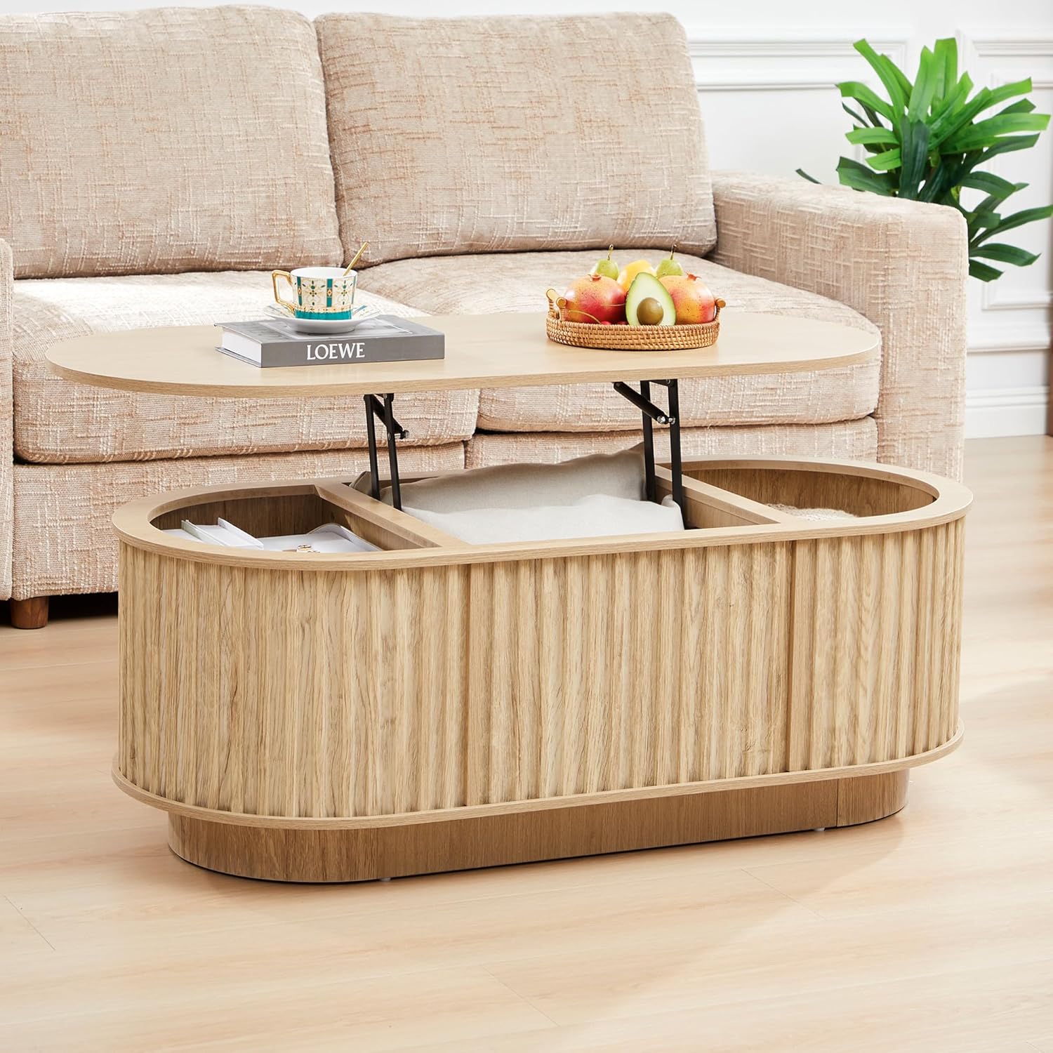 43.3''Lift Top Coffee Table with Storage,Oval Center Table with Hidden Compartment,Mid Century Modern Coffee Tables for Living Room,Fluted Wooden Lift Tabletop for Small Space Apartment Office,Natural