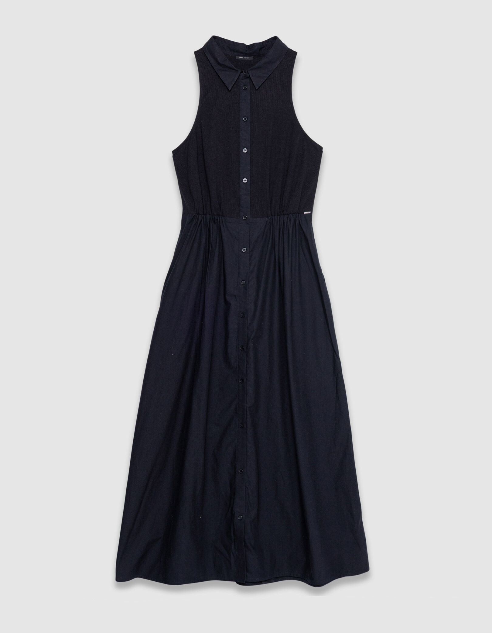 Robe longue noire boutonnée bi-matière Femme