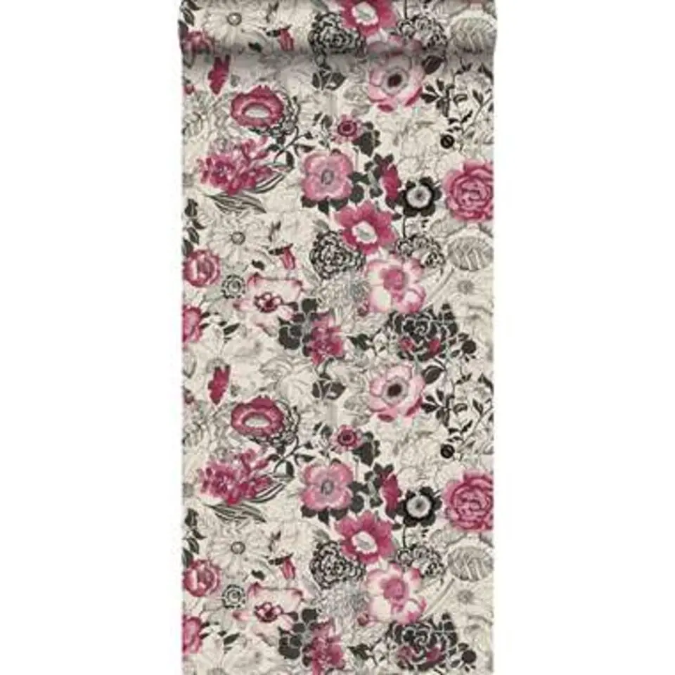 ESTAhome behang - bloemen - donker rood en beige - 53 cm x 10,05 m