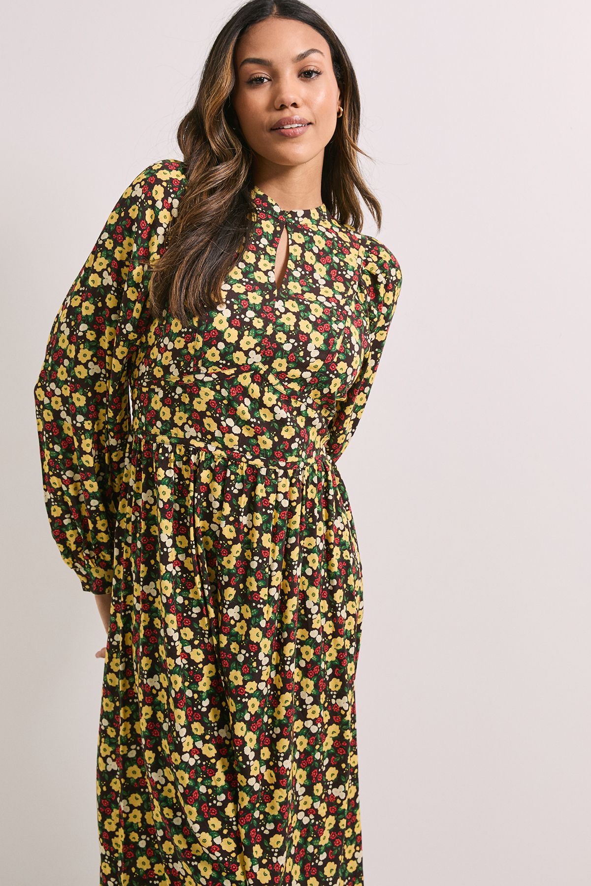 Dorothy Perkins Keyhole Detail Waisted Blouson Sleeve Printed Midi Dress