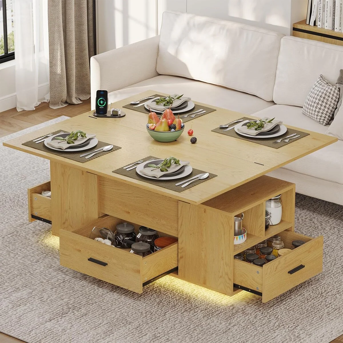 Wood Coffee Table with Lifting Top 8 Storage Space LED Light