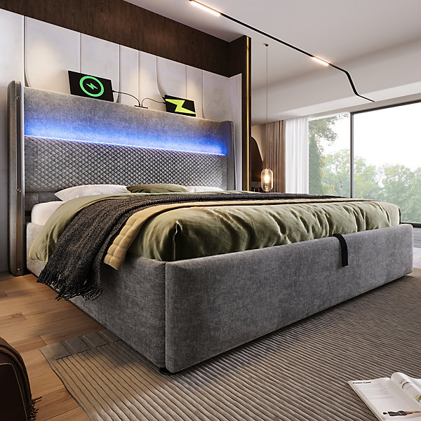 Lit Coffre 140x200 cm - Lit Double avec Sommier Relevable et Rangement - LED et Ports USB Type-C - Tissu Lin Gris - Sans Matelas