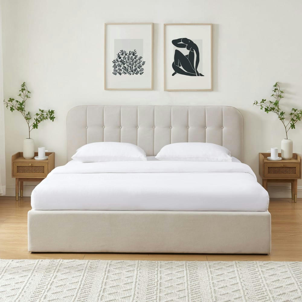 TORGO - Lit coffre matelassé en velours 180x200cm beige