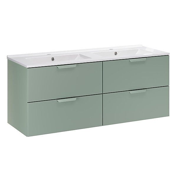 Ensemble meuble double vasque encastree 120cm et colonne Oria Vert mat
