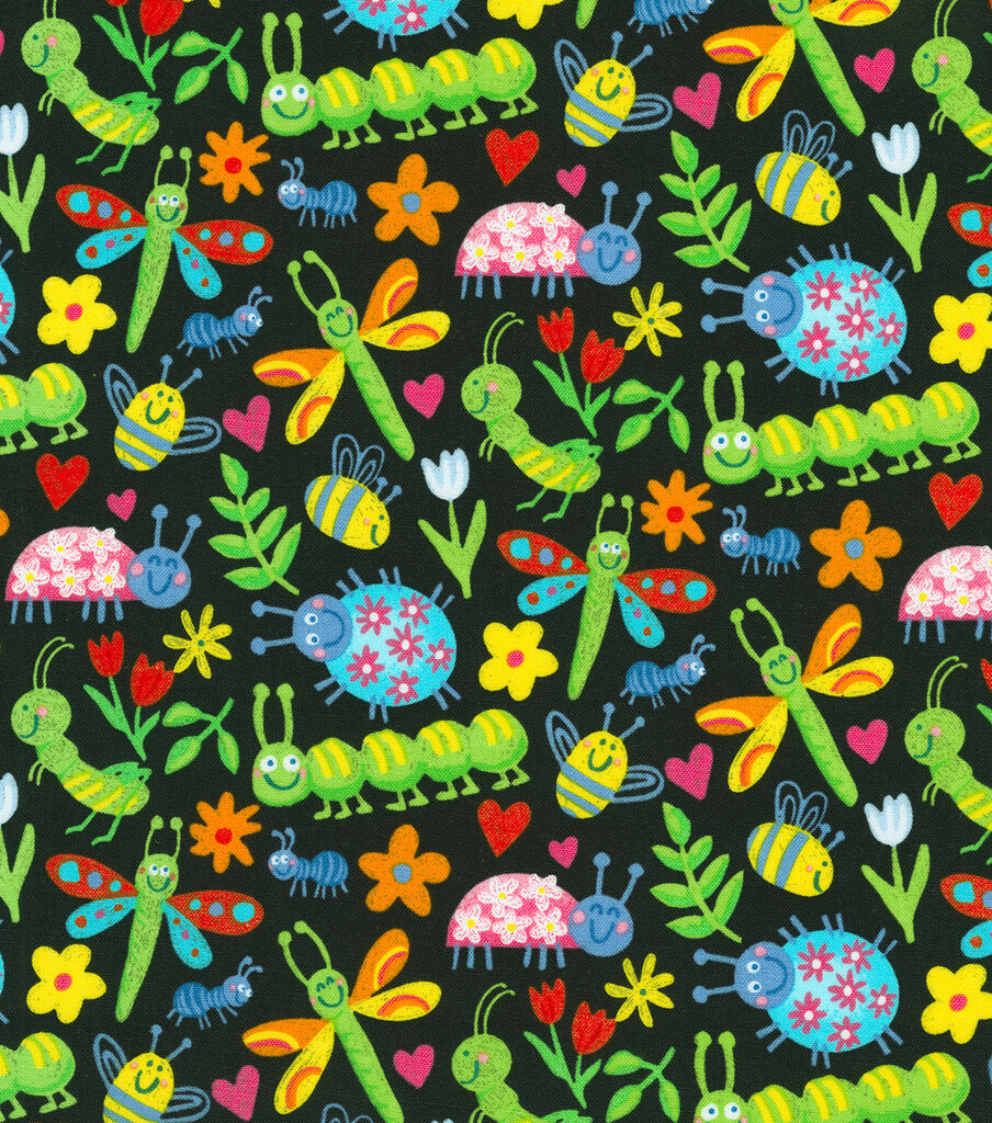 Robert Kaufman Doodlebugs on Black Novelty Cotton Fabric