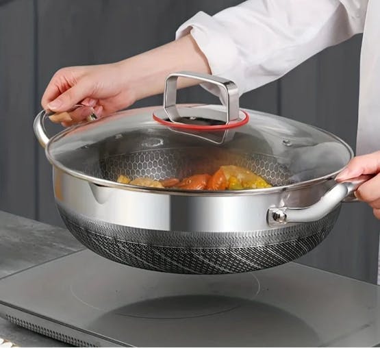 NNEOBA 30cm Stainless Steel Non-Stick Frying Pan with Glass Lid Silver