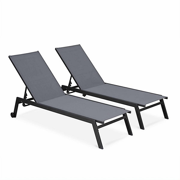 Lot de 2 Bains de Soleil en Aluminium Gris Anthracite et textilène Gris Taupe