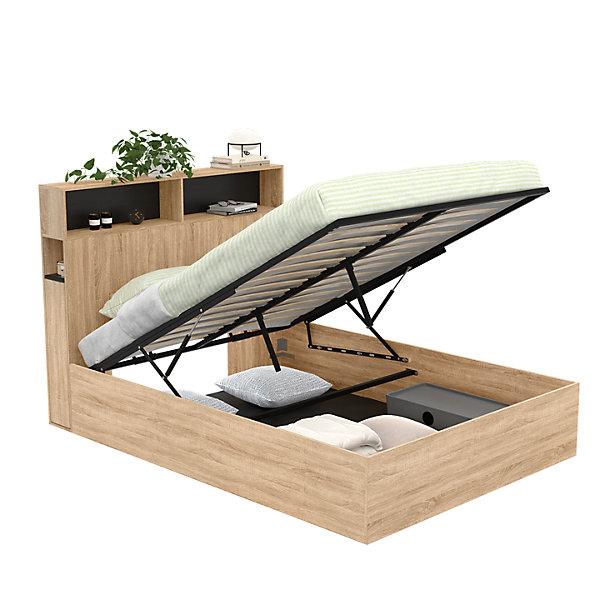 Lit coffre double CLYDE avec tête de lit   rangements et sommier 140 x 190 cm façon hêtre et noir