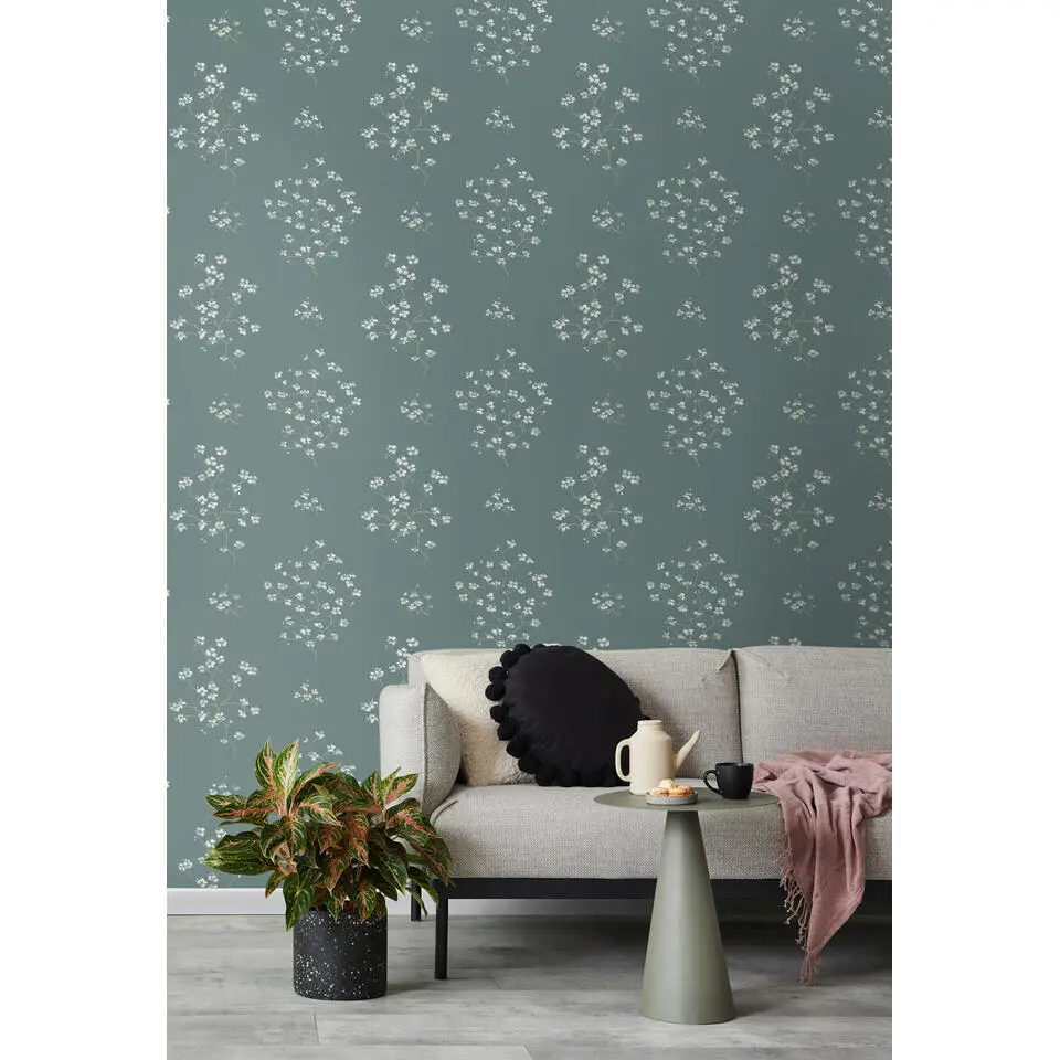 Walls4You behang bloemmotief petrolblauw - 53 cm x 10.05 m