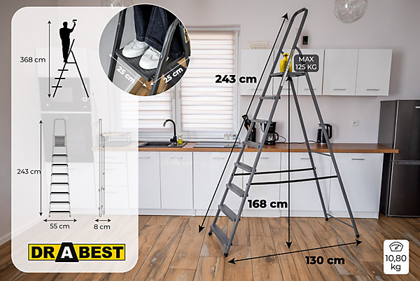 échelle domestique en acier à un côté, DRABEST, 8 marches, capacité de charge 125 kg, 1 pièce.