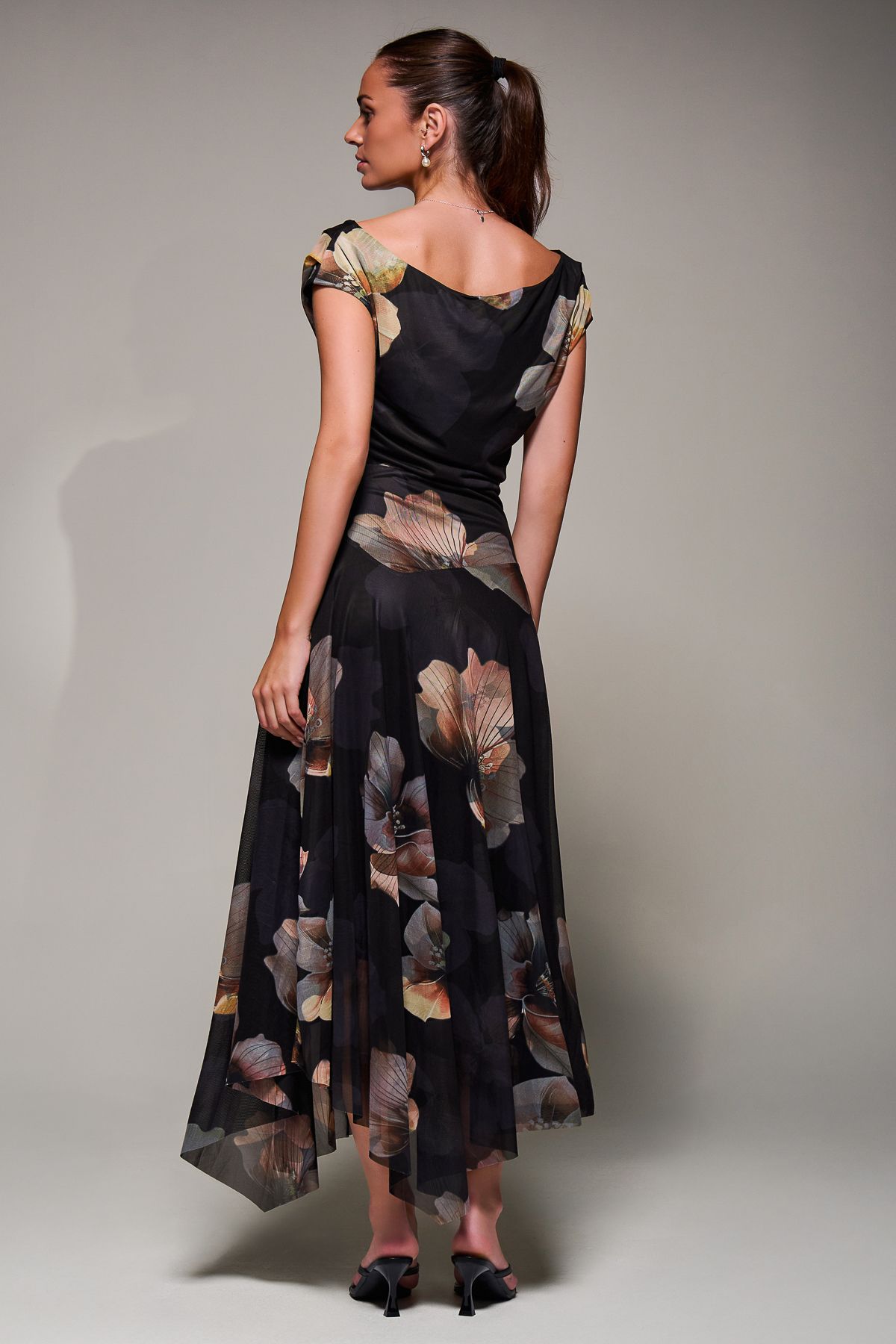 Jolie Moi Mesh Asymmetrical Draped Maxi Dress