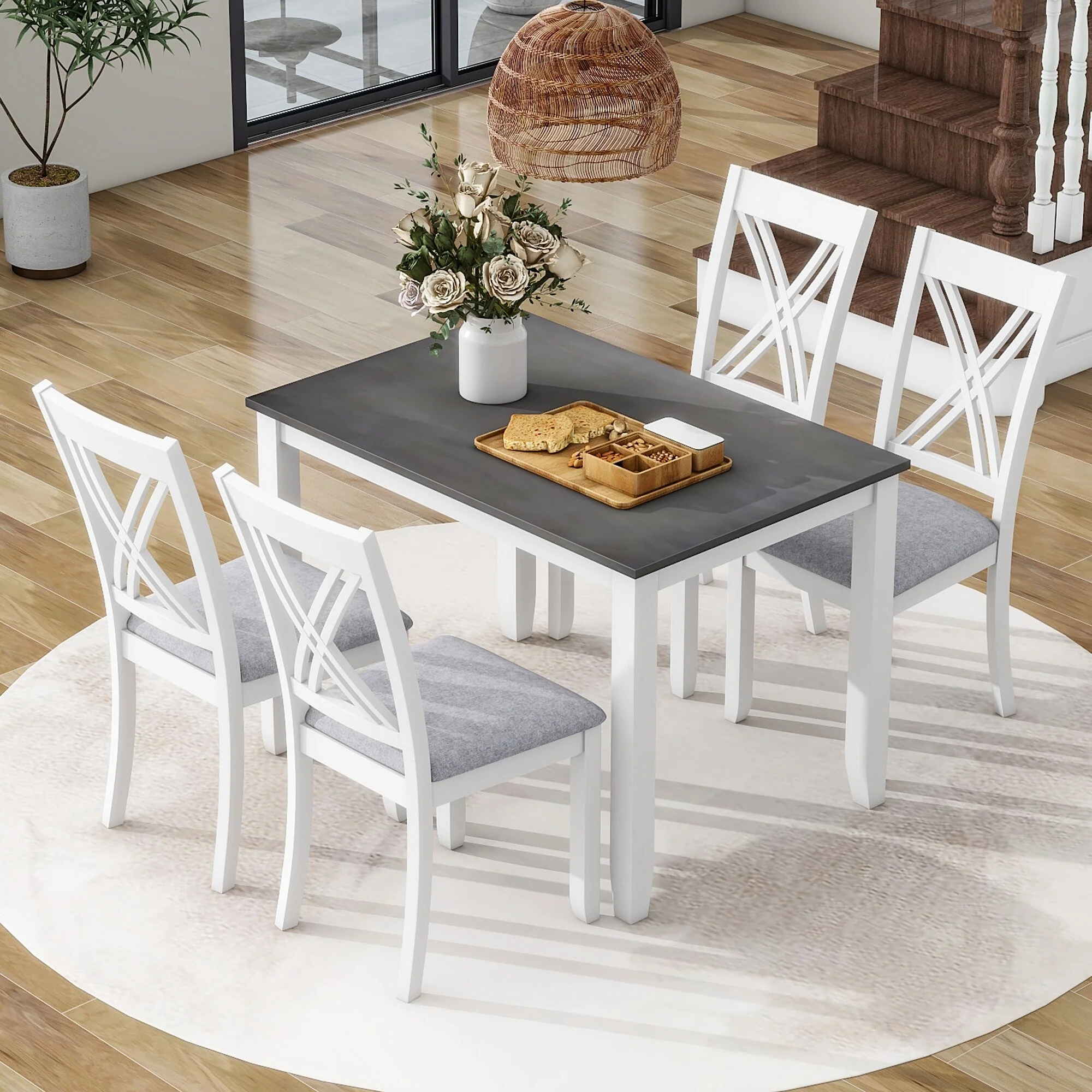 5-Piece Wooden Dining Table Set with 4 X-Back Chairs