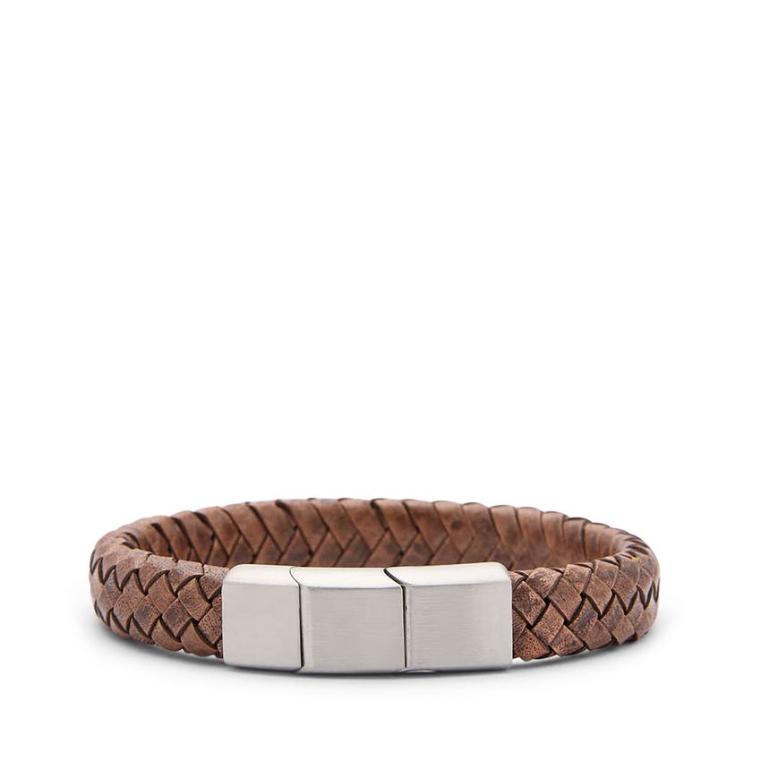Manfield Bruine leren gevlochten heren armband