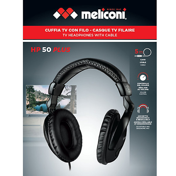 Meliconi - Casque TV filaire analogique HP50 PLUS - Noir - Câble lisse 5m anti-noeuds - Contrôle volume sur fil
