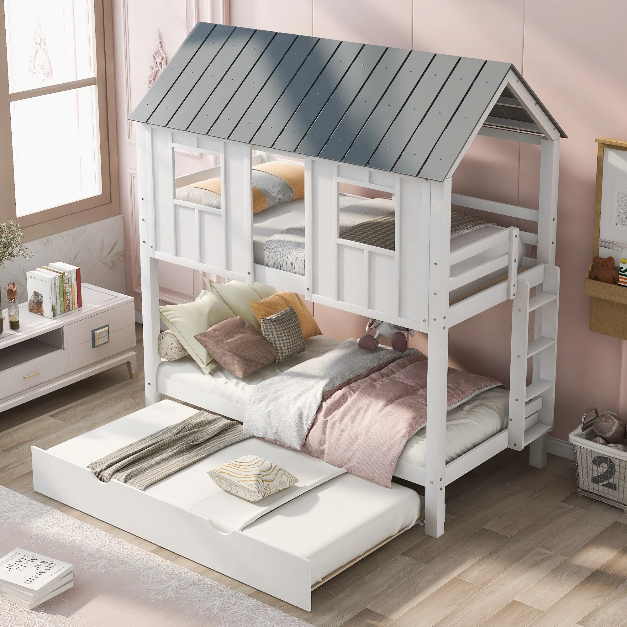 House Bed with Roof and Windows Twin Size Bunk Bed with Trundle