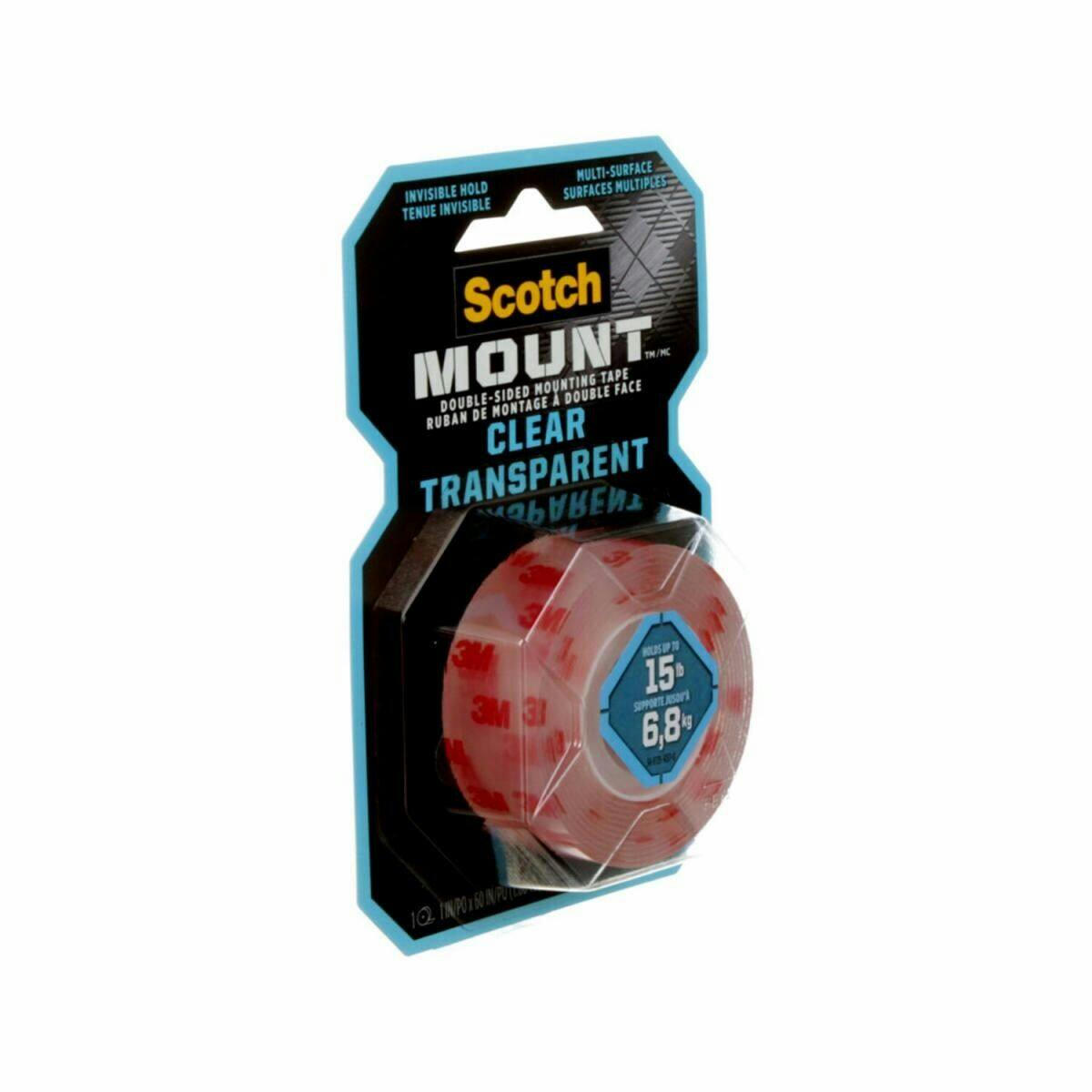 3M Scotch Mount Double Sided Mounting Tape, Holds Up To 15-lbs, Clear, 1 x 60-in