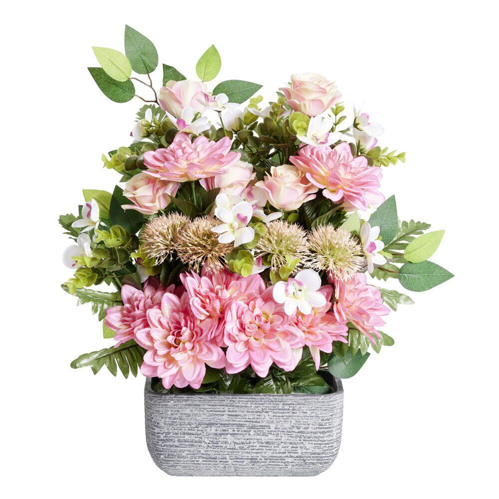 Composition florale artificielle multifleurs roses jardinière ciment L50xH60cm