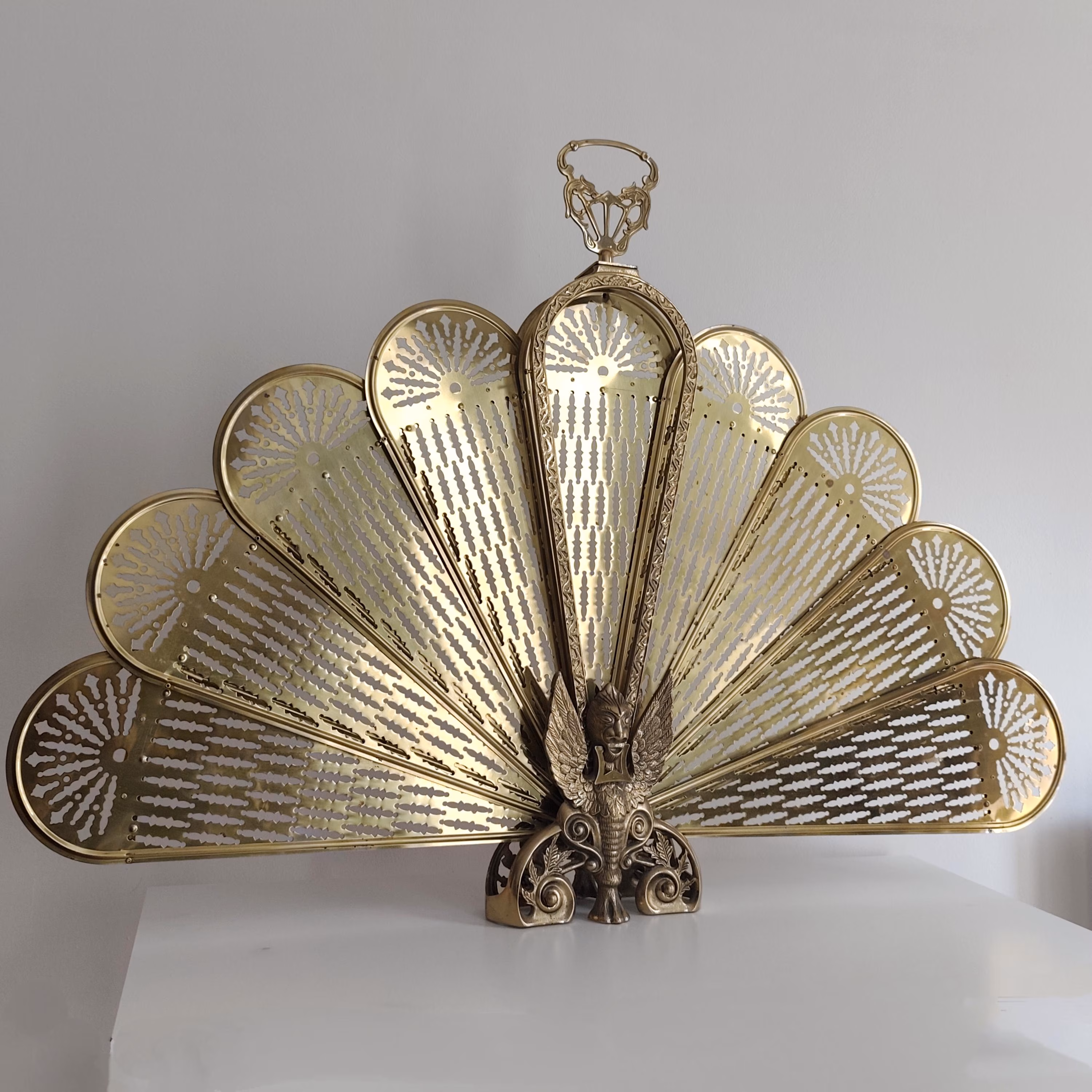 Ornate Brass Fire Guard – Folding Fireplace Screen Peacock Fan / Griffin Design