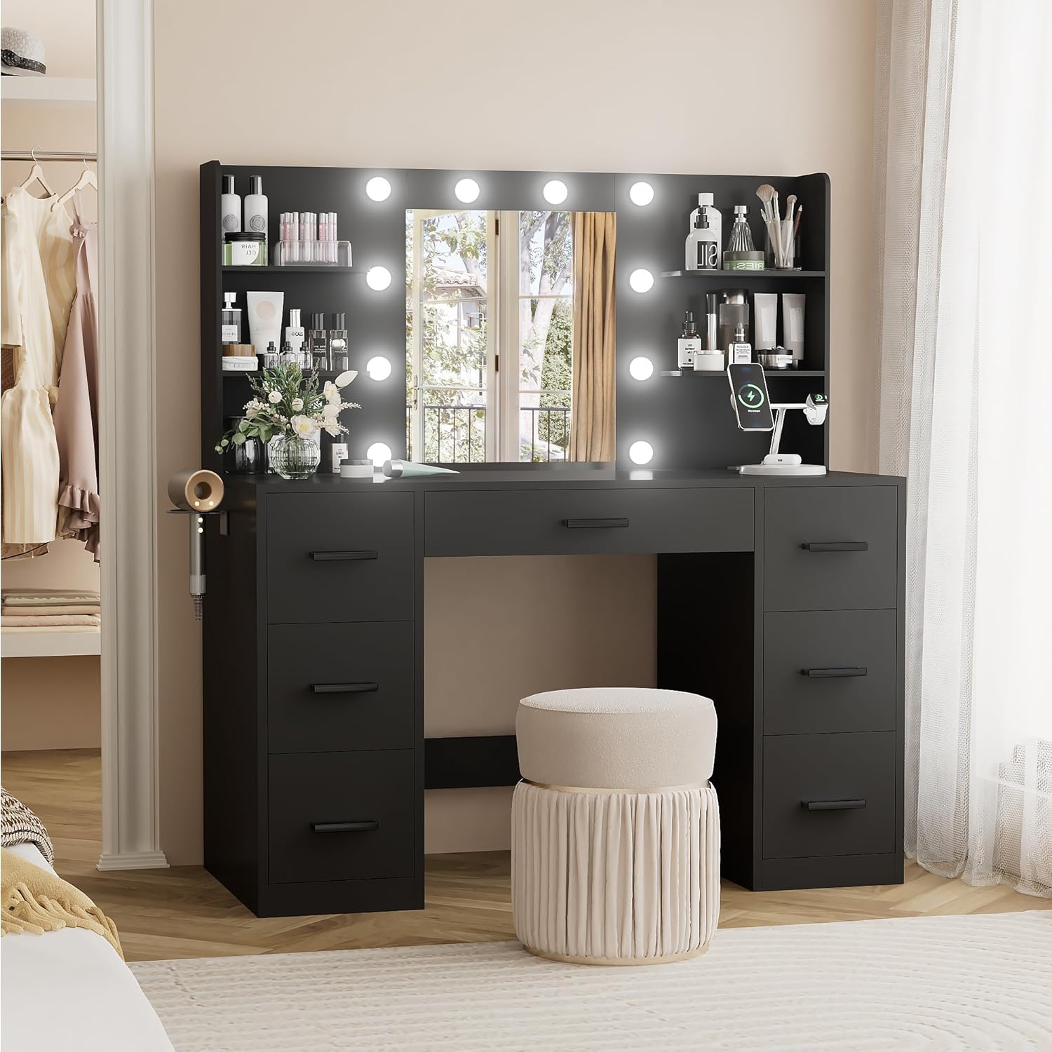 YESHOMY Vanity Desk with Mirror, Power Outlet and 10 Lights, Makeup Table with 7 Drawers, 3 Color Modes Available for Bedroom, Black