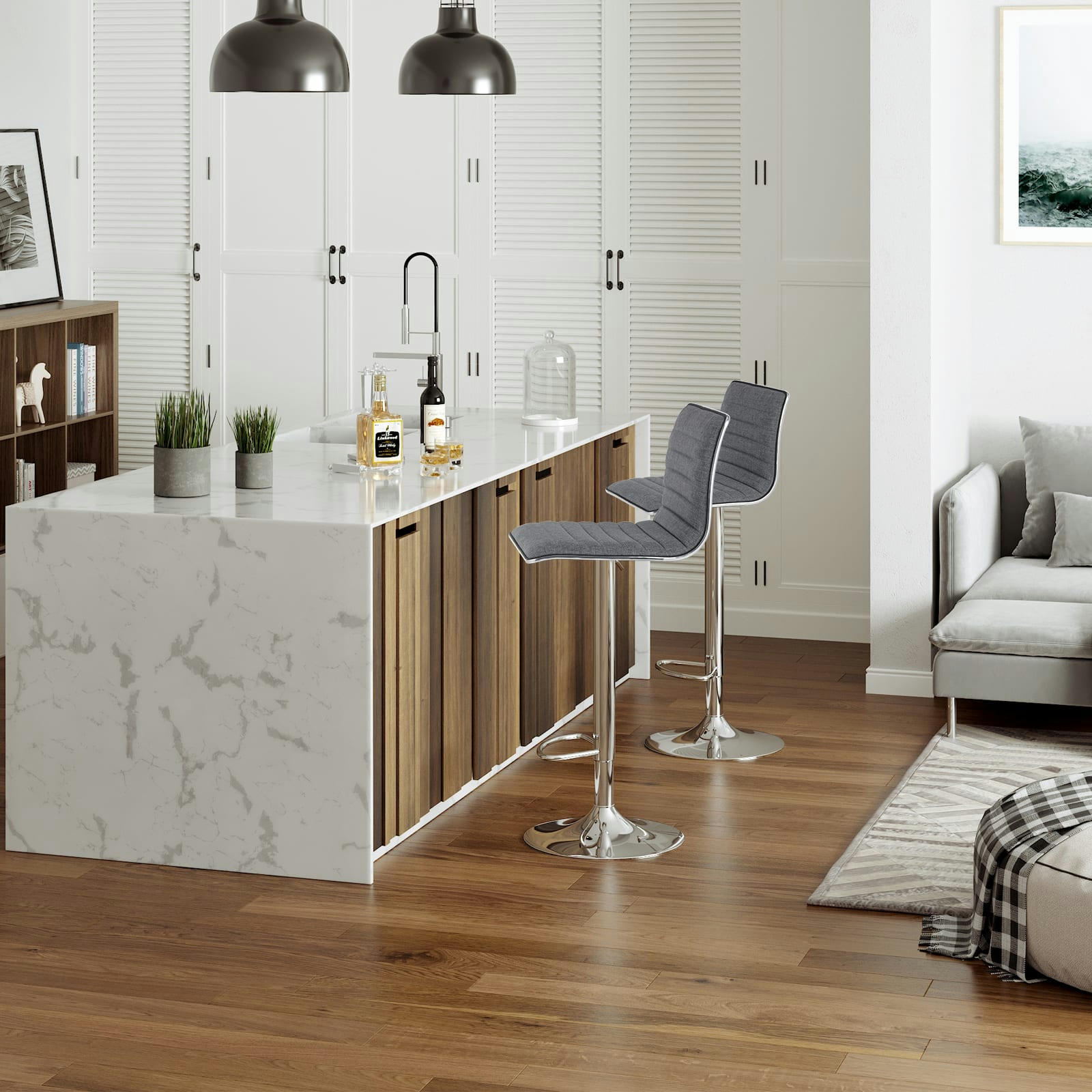 - Tabourets de bar en tissu imitation lin gris